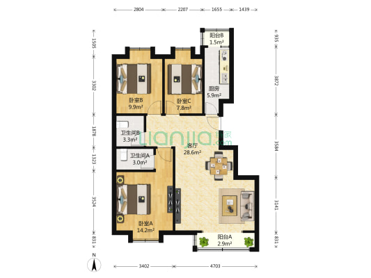 天骄俊园9号院 3室1厅2卫 109平方