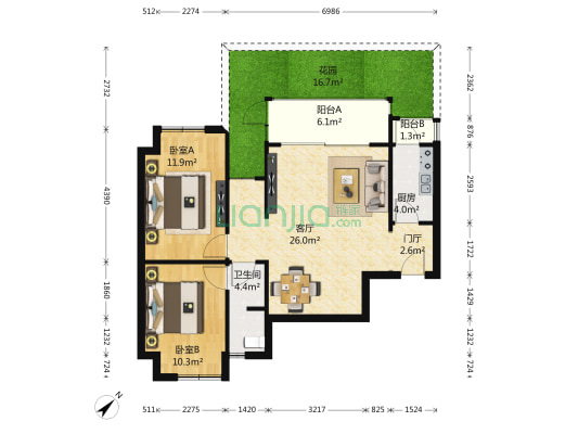 云锦城市花园 2室1厅1卫 77平方