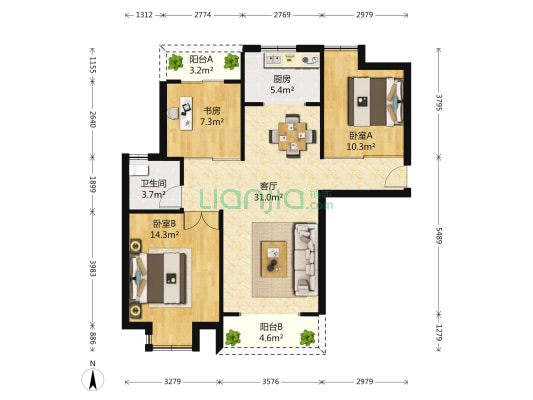 光谷满庭春MOMA 3室1厅1卫 105平方