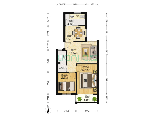 富康新村 2室2厅1卫 65平方