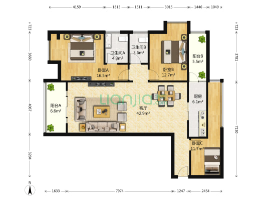 阳光100大湖第 3室1厅2卫 125平方