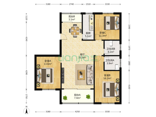 仁德苑 3室2厅2卫 134平方