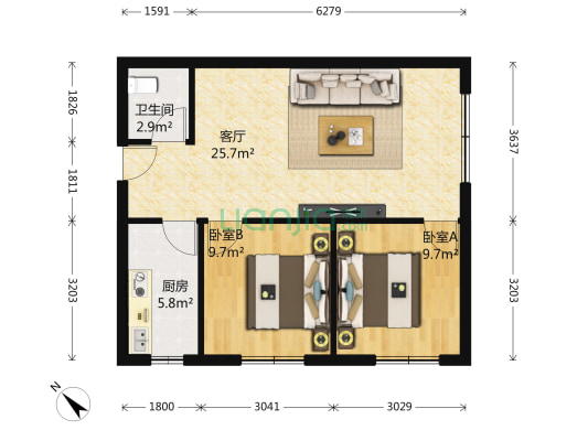 东方桂苑 2室1厅1卫 73平方
