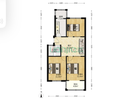 70年大产权，近东兴街，南北通透三居室，带大阳台-户型图