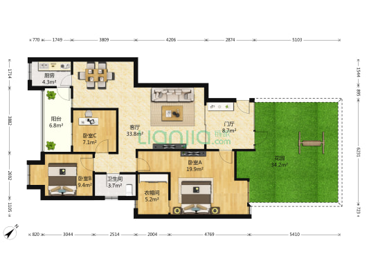 上东阳光三期 3室1厅1卫 117平方