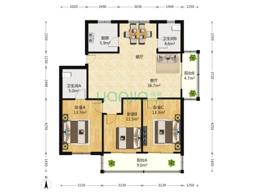 大桥公寓 3室2厅2卫 120平方