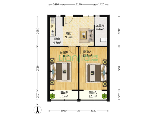 民欣苑 2室1厅1卫 66平方