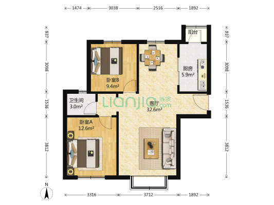 远洋一方林语苑 2室1厅1卫 91平方