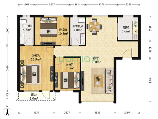 幸福e家一期 3室1厅2卫 121平方