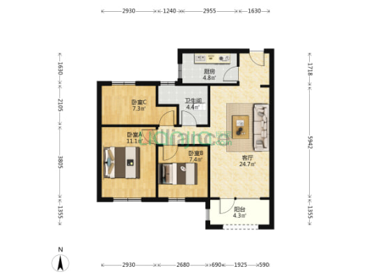 桃源新都孔雀城 3室1厅 南 北-户型图