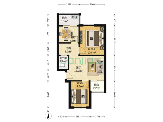 成大附中宿舍 2室2厅1卫 58平方