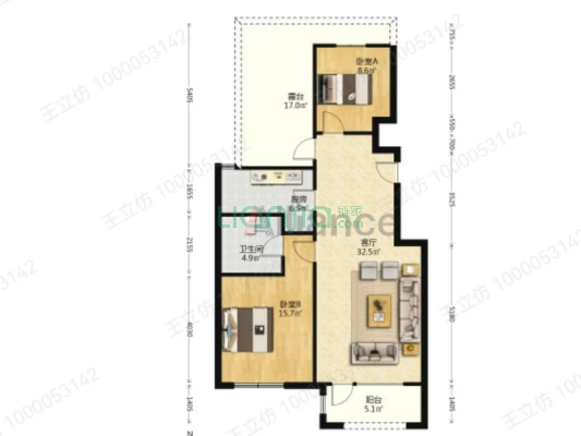涿州城西 桃源新都孔雀城 90平通透2居带露台-户型图