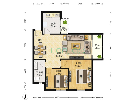 尊园 2室2厅1卫 100平方