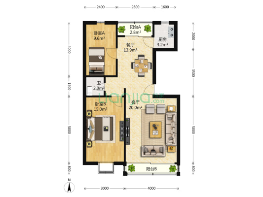 临江佳园 2室2厅1卫 107平方