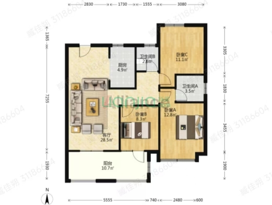 南北通透好户型，一梯两户中间楼层，全明格局-户型图