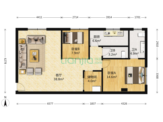 公务员大厦 2室1厅2卫 108平方
