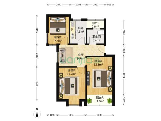逍遥小区（逍遥二路） 3室1厅1卫 77平方
