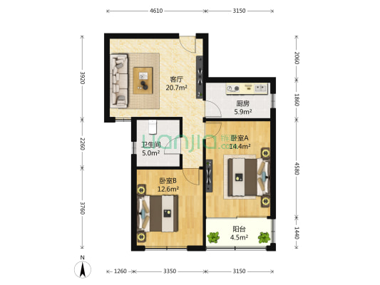 中银淮海苑 2室1厅1卫 88平方