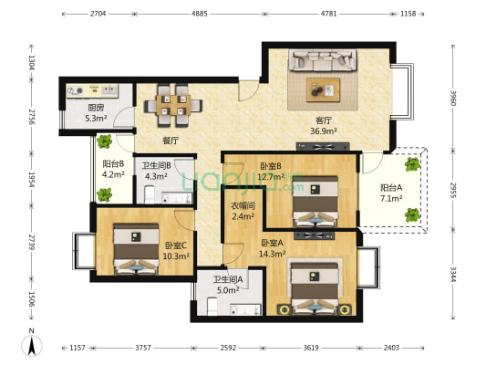 银都花园皓苑四期 3室1厅2卫 129平方
