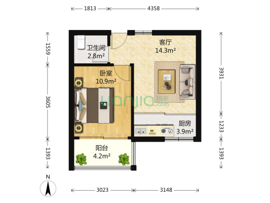 文晖铭园 1室1厅1卫 43平方