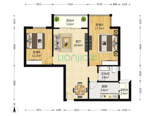 中冶北麓原 2室1厅1卫 87平方