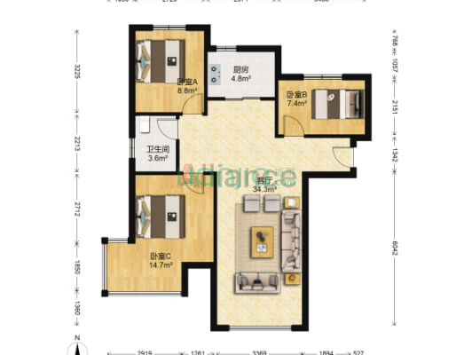 狮子城 精装修三居 带车位地下室 满二 全明户型-户型图