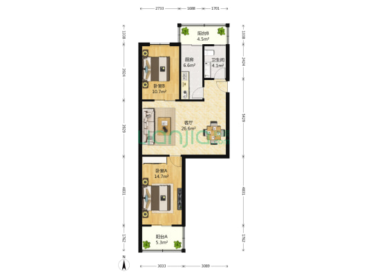银泰公寓 2室1厅1卫 94平方