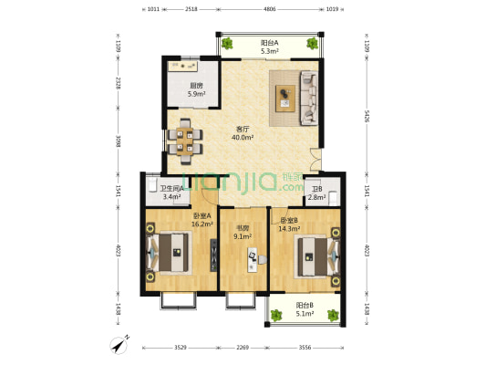 天嘉园 3室1厅2卫 125平方