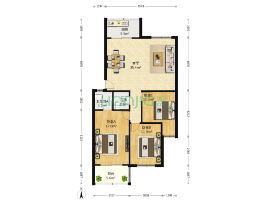 山东行政学院宿舍 3室1厅2卫 122平方