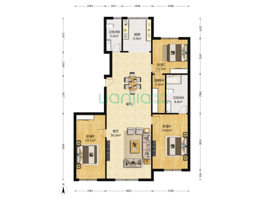 三和星海花园 3室1厅2卫 171平方