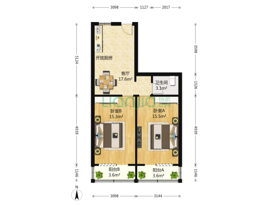 成府路20号院 2室1厅1卫 73平方