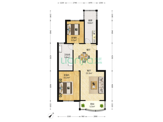 雪城公寓 2室2厅1卫 110平方