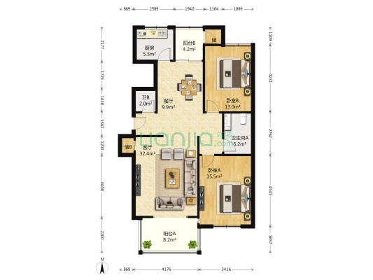 育龙家园 2室2厅2卫 120平方