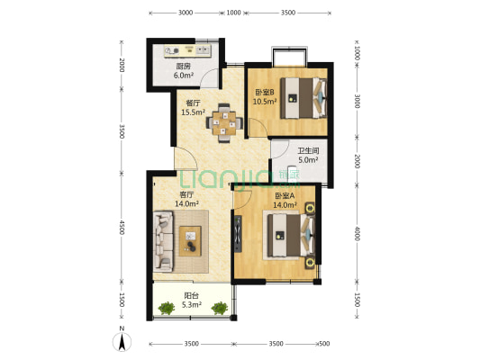 丽雅花园 2室2厅1卫 90平方