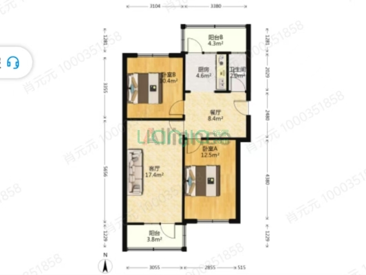 老财政局小区  中间楼层  南北两居室-户型图