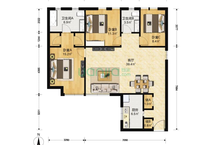禧福汇 3室1厅2卫 134㎡ 户型