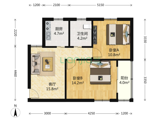 民主花园 2室1厅1卫 66平方