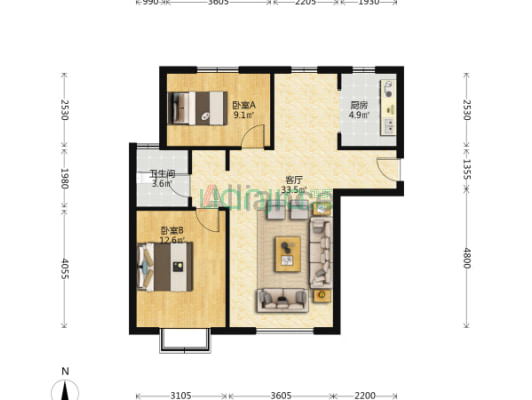 三利中和城南向两居，毛坯随意装修，业主诚心出售-户型图