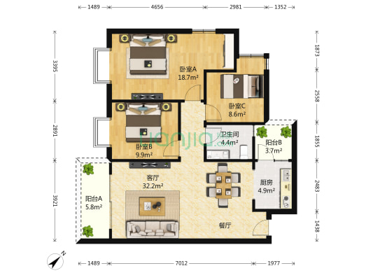 龙锦苑 3室1厅1卫 109平方
