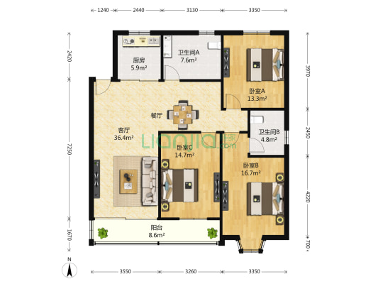 佳运花园 3室2厅2卫 130平方
