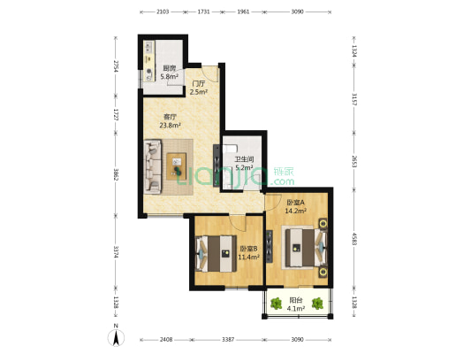 金顶街五区 2室1厅1卫 96平方
