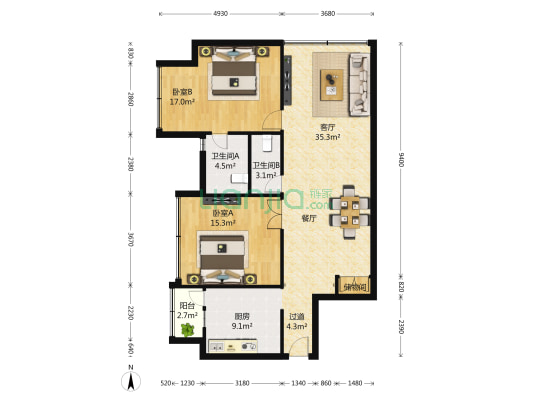 嘉嘉大楼 2室2厅2卫 116平方
