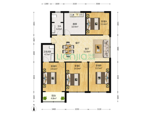 真建七街坊 4室2厅2卫 131平方