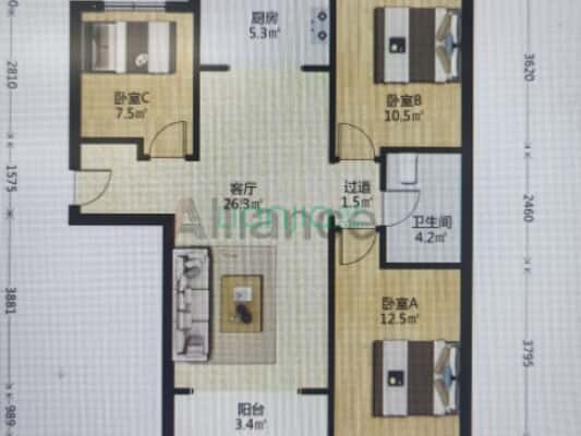 鹏渤·印象城 3室1厅 南 北-户型图