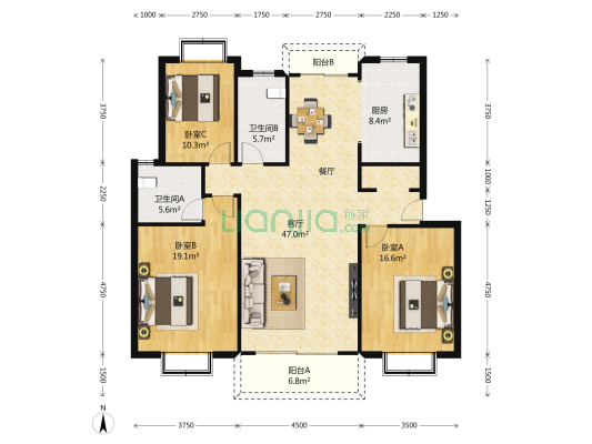 婉江新园 3室2厅2卫 135平方