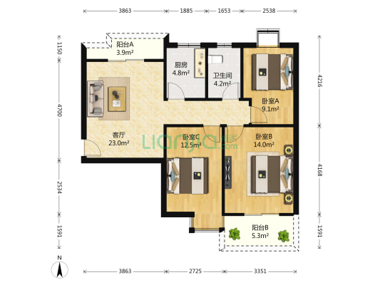 湖山湾家园B区 3室1厅1卫 90平方