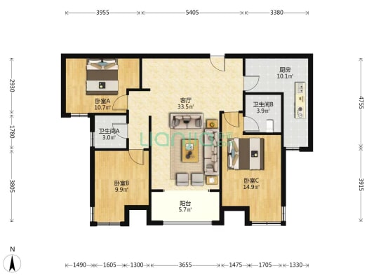 此房毛坯  朝南三居  房主诚心出售 交通便利-户型图