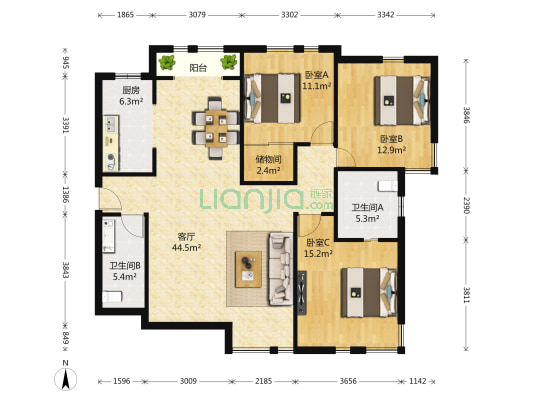 白桦林间 3室1厅2卫 153平方