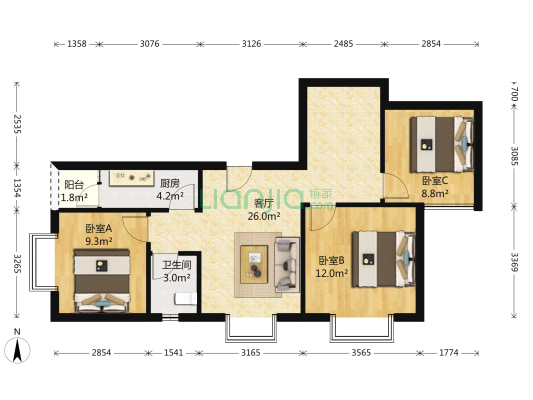 奥创卡门时光 3室1厅1卫 100平方
