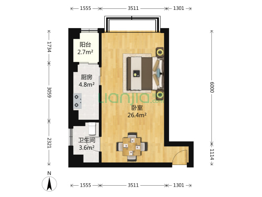 自由.com 1室0厅1卫 56平方